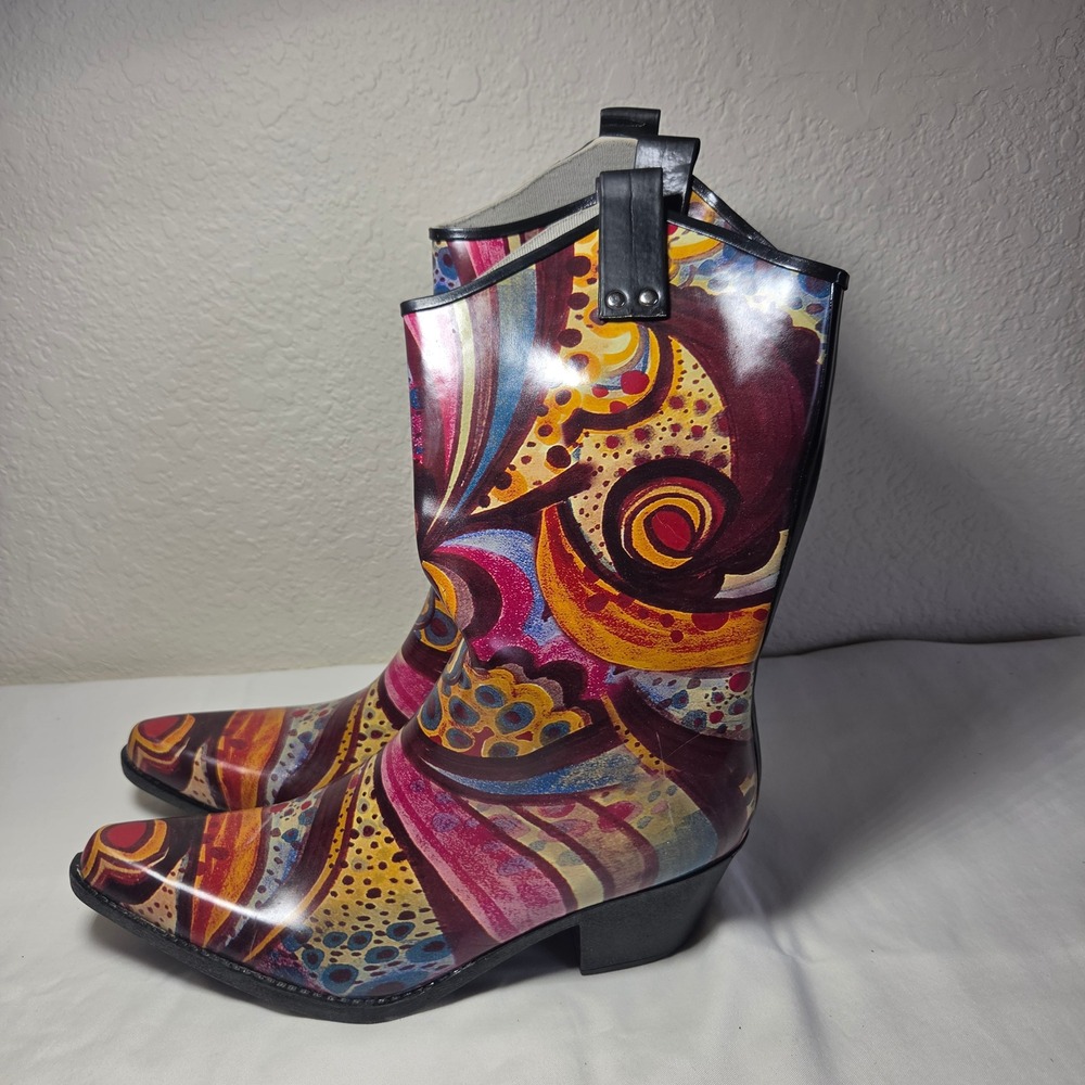 Unbranded Psychedelic Paisley Western Rain Boots Pointed Toe Multi Color Sz 11